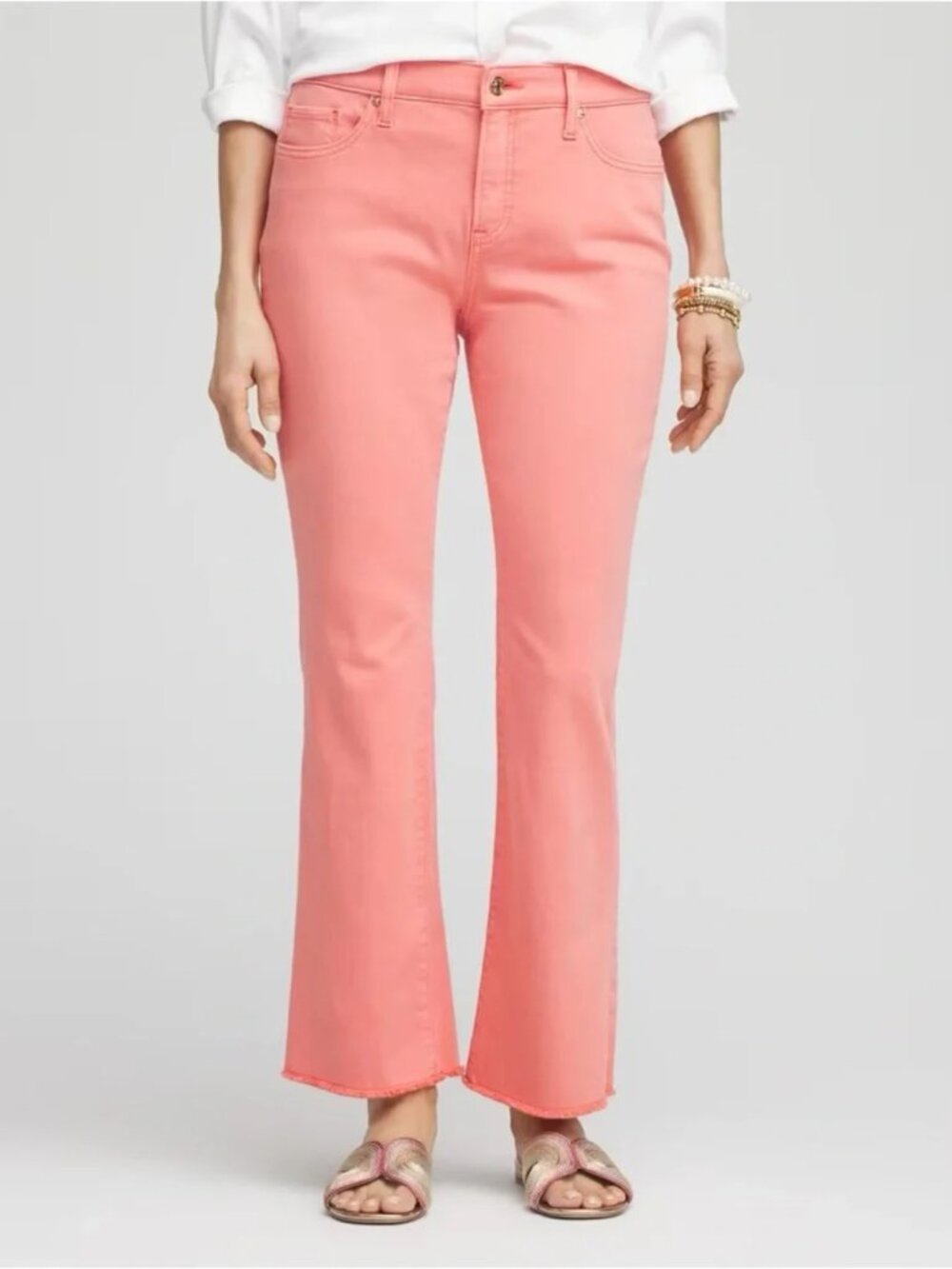 Chico’s Coral Pink Raw Hem Girlfriend Kick Flare Cropped Jeans Size 3/XL